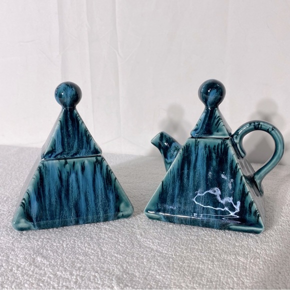 Handmade Blue Glaze Ceramic Pyramid Cream And Sugar Containers - Picture 1 of 11
